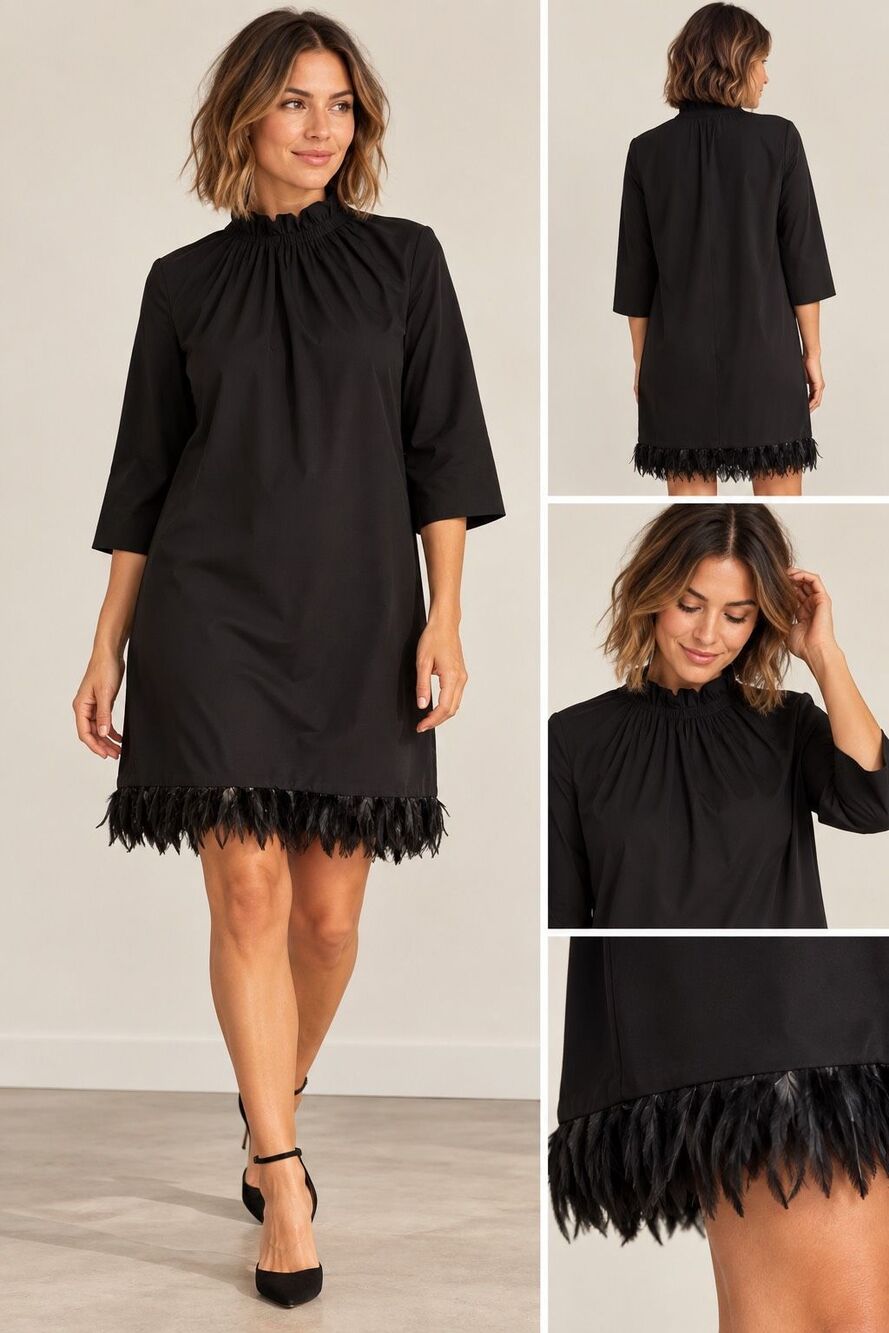 COS Black Feather Trim Shift Dress Ruffle Mock Neck Cotton LBD Size 6